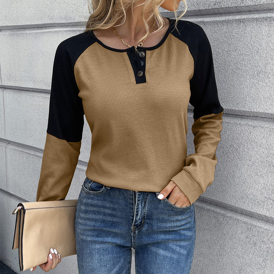 Damen lässiges Henley-Shirt aus Waffelstoff mit kontrastierenden Ärmel-Design EB