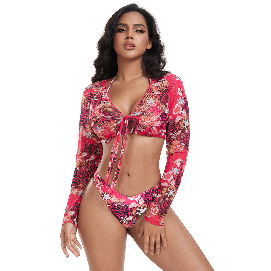 Damen Buntes Crop-Top mit langen Ärmeln und Knotendetail EB
