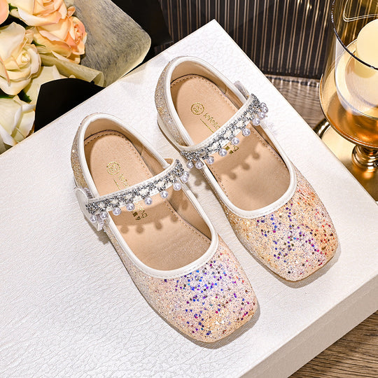 Mädchen Glitzernde Mary Jane Ballerinas mit Perlen und Schleifendekor EB