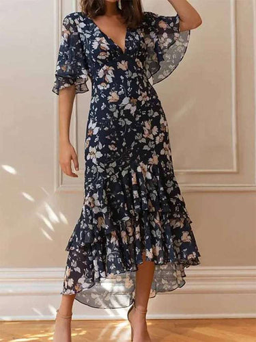 Damen Maxikleid mit voluminösen Ärmeln und floralem Design EB
