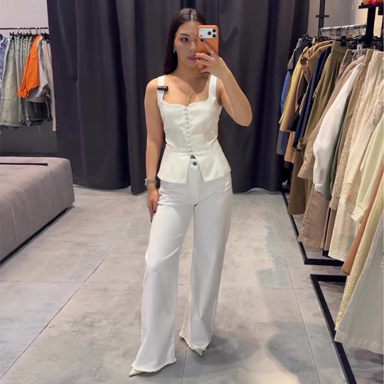 Damen Elegantes Top mit tailliertem Schnitt und dekorativen Knöpfen EB