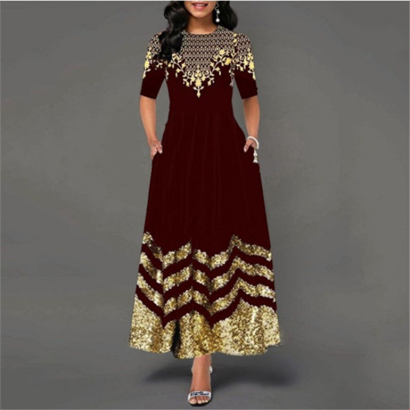 Damen Maxikleid mit kunstvollem Goldstickdesign und elegantem Zickzackmuster EB
