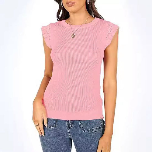 Damen figurbetontes Ripp-Shirt mit Rüschen EB