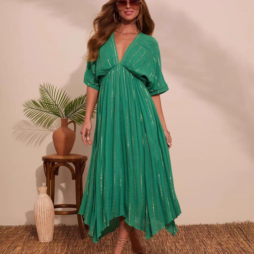 Damen Maxi-Kleid mit hochgeschlossenem V-Ausschnitt und fließendem Faltenwurf EB