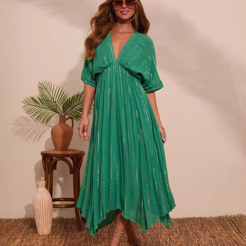 Damen Maxi-Kleid mit hochgeschlossenem V-Ausschnitt und fließendem Faltenwurf EB