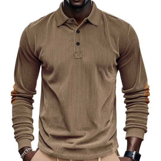 Herren nan geripptes Langarm-Poloshirt mit Henley-Knopfleiste und veloursähnlichen Ellbogenpatches EB