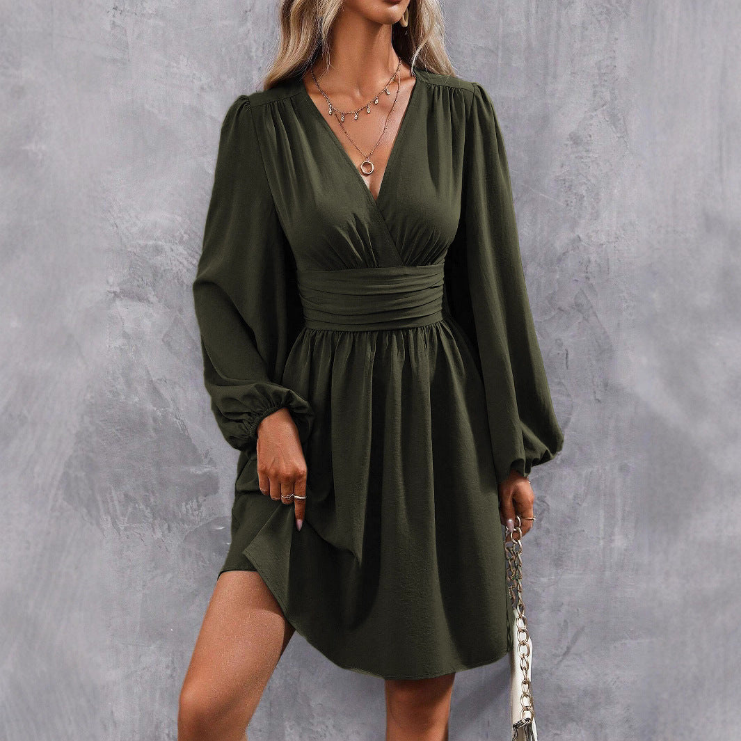 Damen Knielanges Wickelkleid mit eleganten Puffärmeln EB