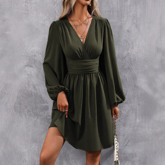 Damen Knielanges Wickelkleid mit eleganten Puffärmeln EB