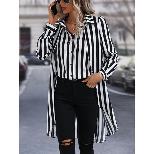 Damen Langarm Hemdbluse im modernen Streifenlook mit asymmetrischem Schnitt EB