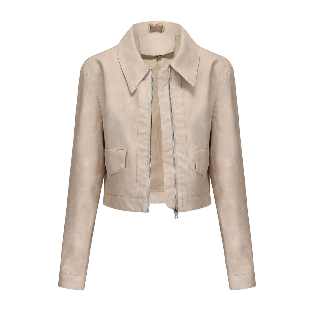 Damen modische cropped Kunstlederjacke mit klassischem Wellenkragen EB
