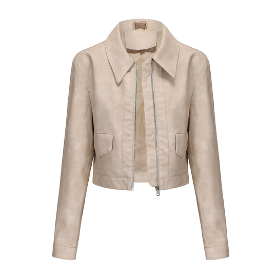 Damen modische cropped Kunstlederjacke mit klassischem Wellenkragen EB
