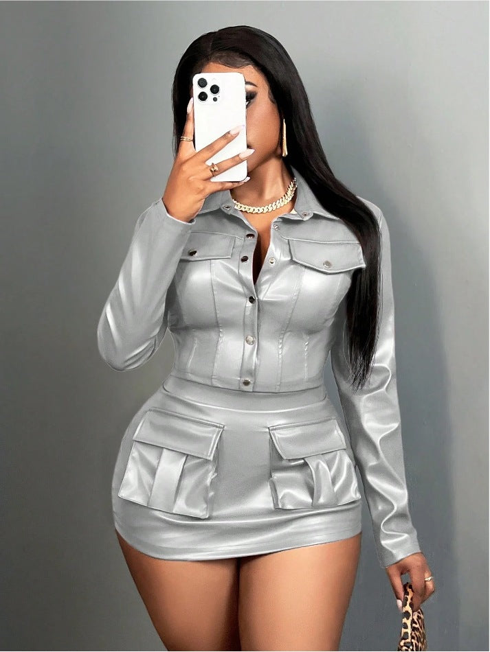 Damen Kunstleder Minikleid mit praktischen Klappentaschen EB