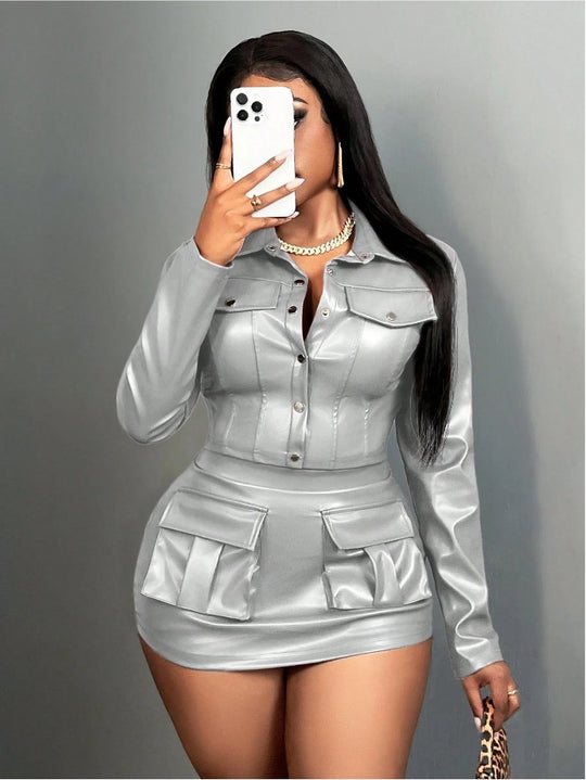 Damen Kunstleder Minikleid mit praktischen Klappentaschen EB