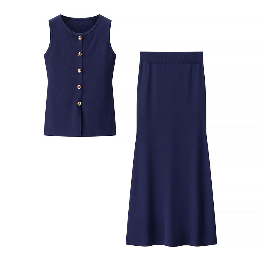 Damen Set aus ärmellosem Oberteil mit Knopfdetails und schwingendem Rock EB