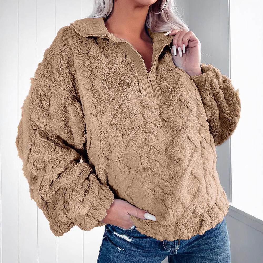 Damen Kuschelige Fleece-Pullover mit Reißverschluss und Wabenmuster EB