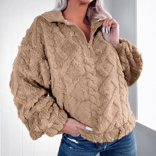 Damen Kuschelige Fleece-Pullover mit Reißverschluss und Wabenmuster EB