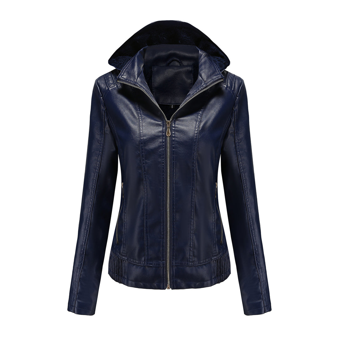 Damen stilvolle Kunstlederjacke mit hochabschließendem Kragen und elastischen Bündchen EB