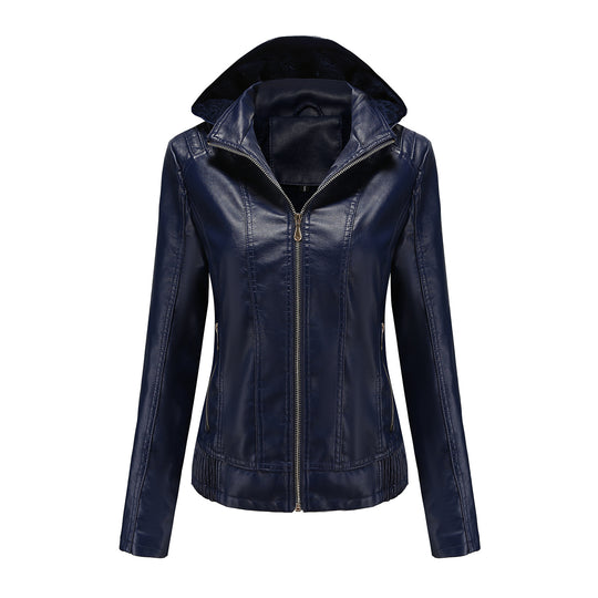 Damen nan taillierte Kunstlederjacke mit Kapuze, wattiertem Innenfutter und verdeckten Reißverschlusstaschen EB