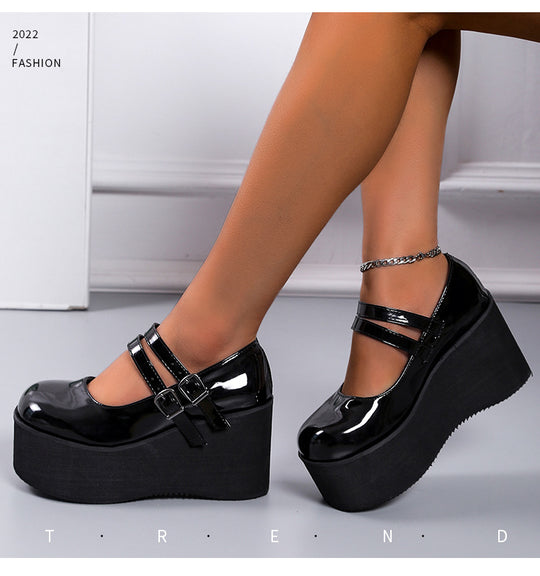 Damen Plateau-Schuhe mit doppeltem Riemen und hohem Absatz EB