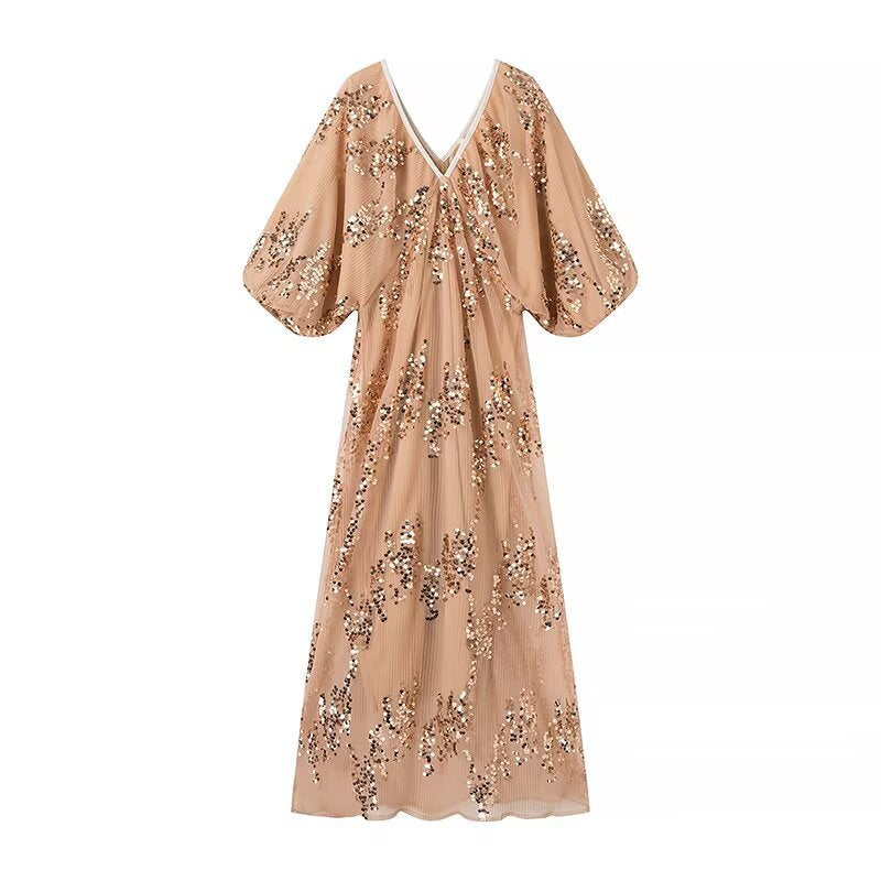 Damen Maxikleid mit voluminösen Puffärmeln und floralem Strassdesign EB