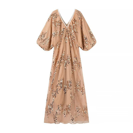 Damen Maxikleid mit voluminösen Puffärmeln und floralem Strassdesign EB