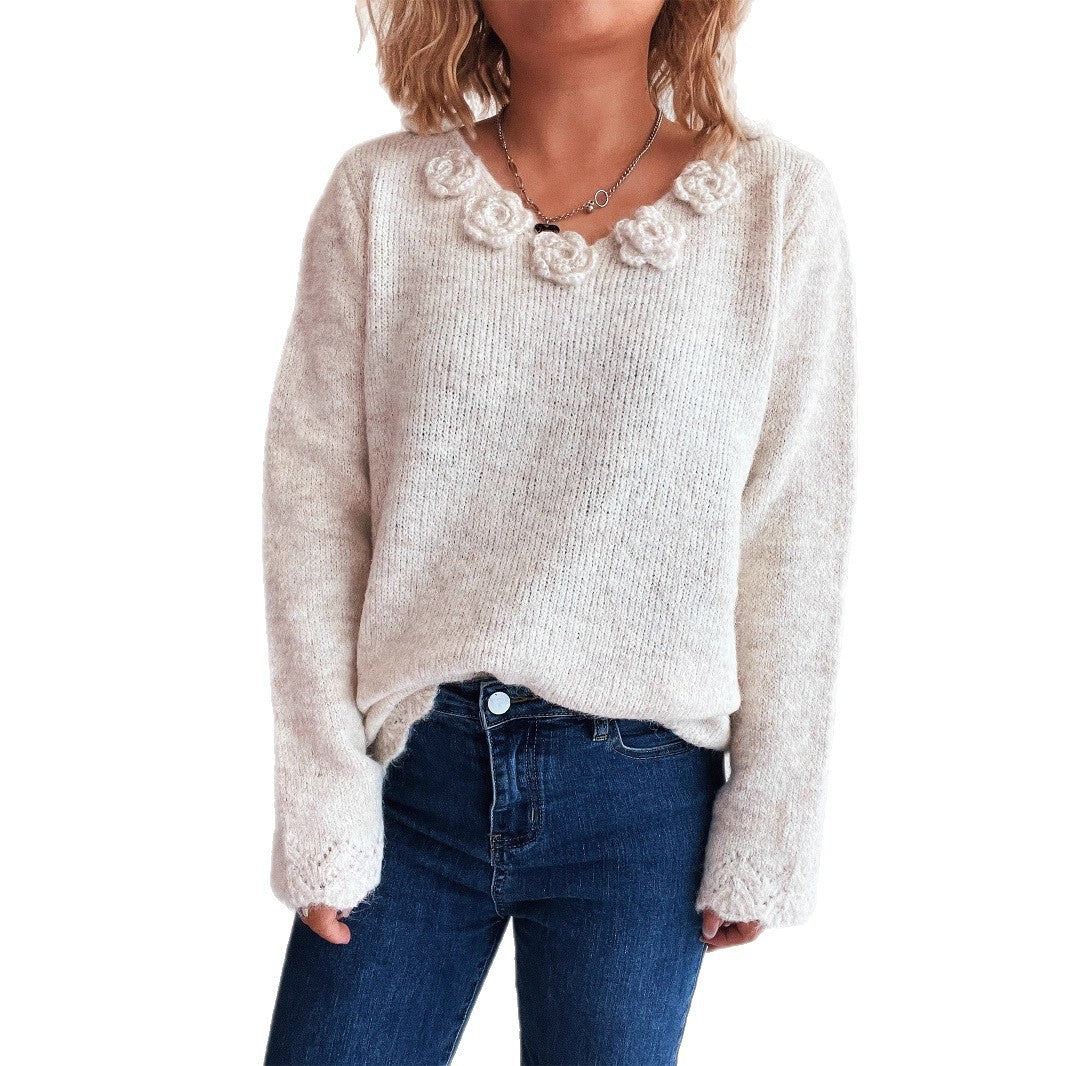 Damen Pullover mit romantischen Rosenapplikationen und weitem Schnitt EB