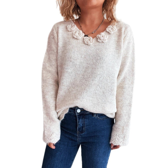 Damen Pullover mit romantischen Rosenapplikationen und weitem Schnitt EB