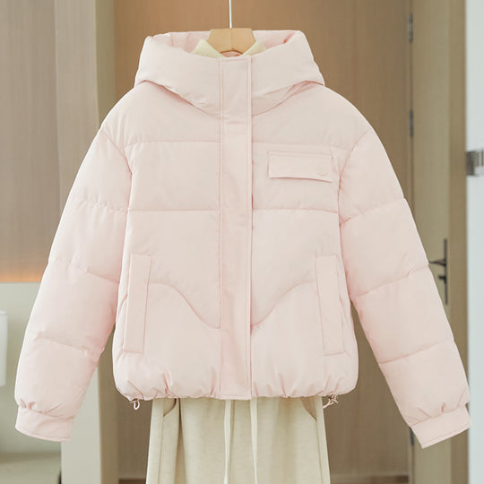 Damen nan kurzes wattiertes Kapuzenblouson mit verdeckter Frontblende, Brustpattentasche und verstellbarem Kordelsaum EB