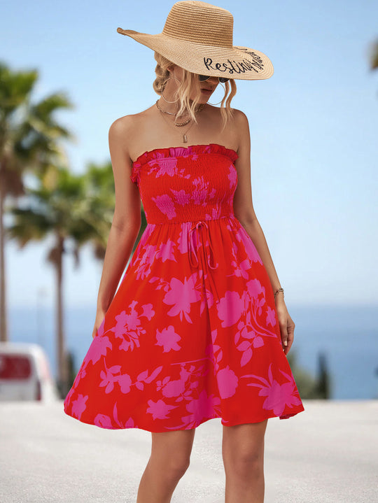 Damen luftiges Sommerkleid mit elastischem Taillenband und floralem Volant EB
