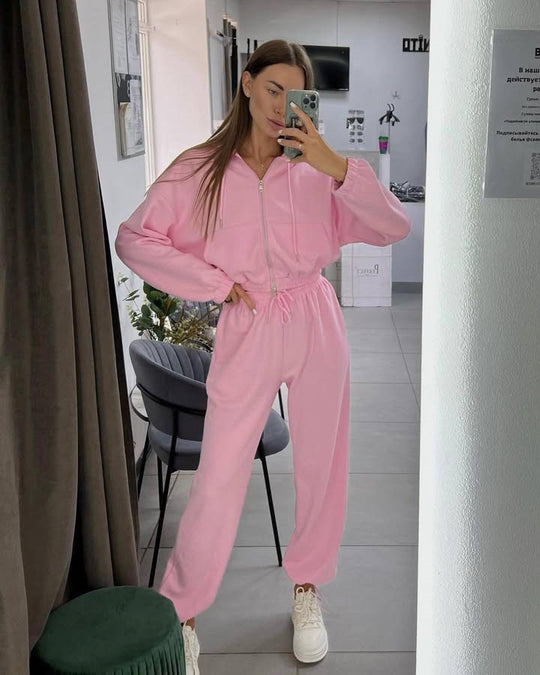 Damen kurzes Reißverschluss-Hoodie mit elastischem Bund und High-Waist Jogginghose aus Baumwollmix EB
