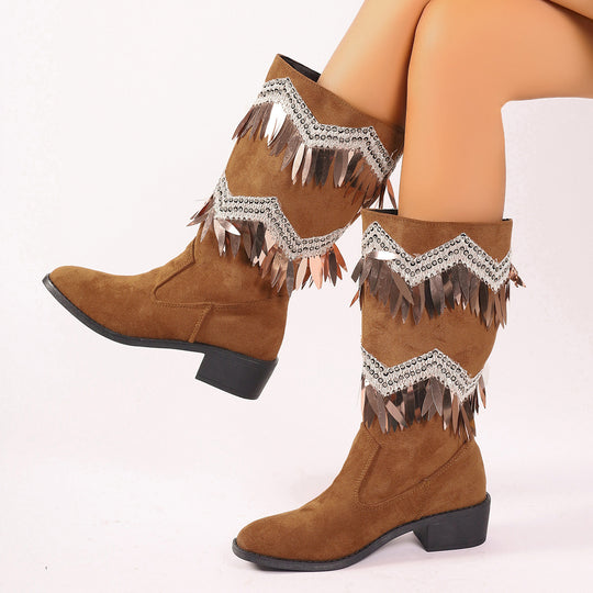 Damen Stiefel mit modischen Fransen und Glitzerdetails EB