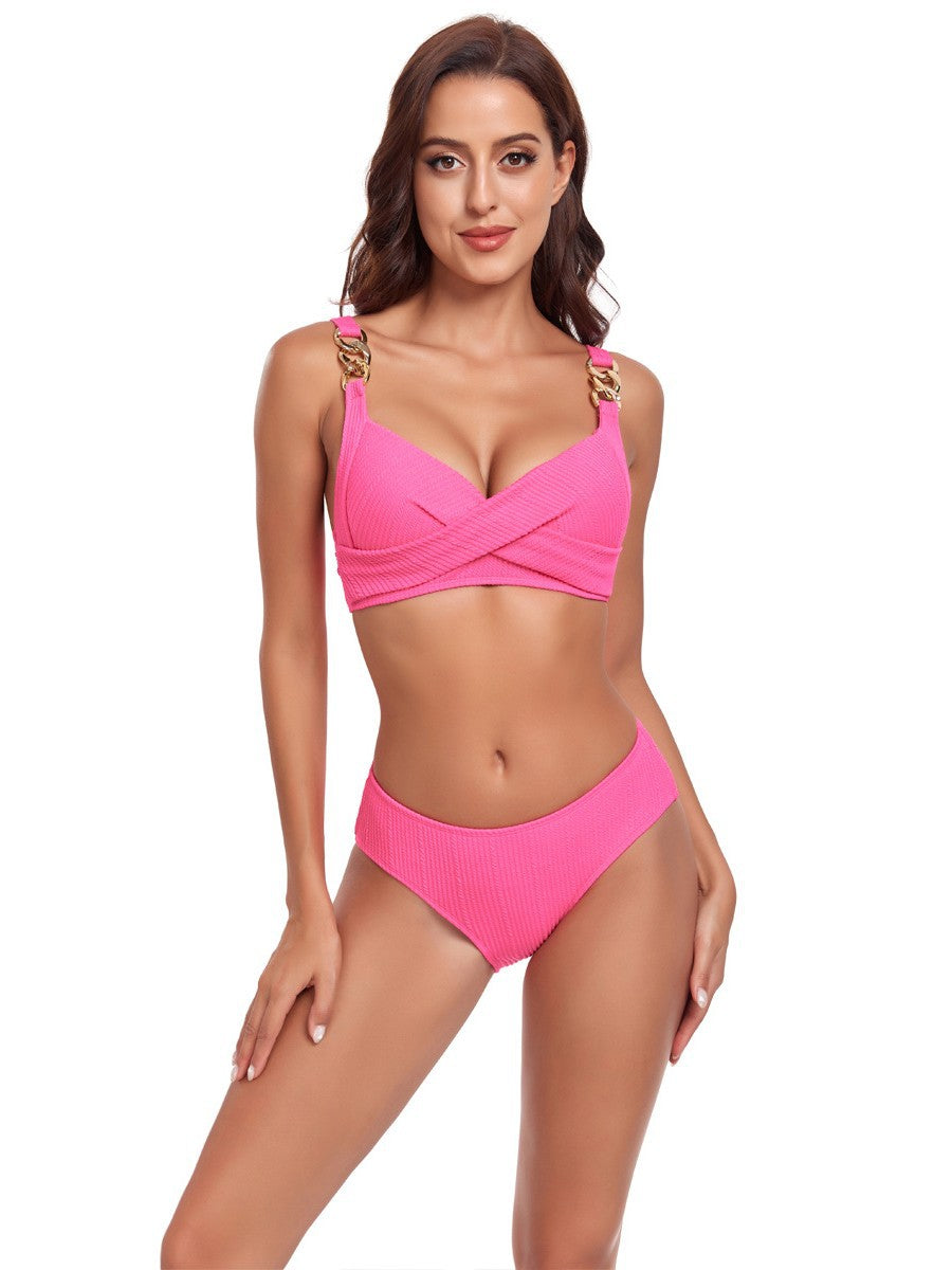 Damen Bikini-Set mit gekreuztem Oberteil und dekorativen Schnallen EB