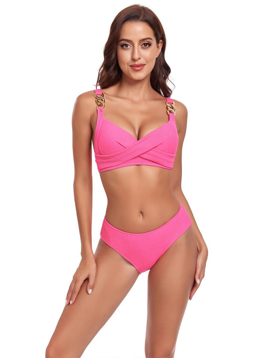 Damen Bikini-Set mit gekreuztem Oberteil und dekorativen Schnallen EB