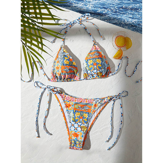 Damen Triangel-Bikini mit raffinierten Bindebändern und buntem Floral-Design EB