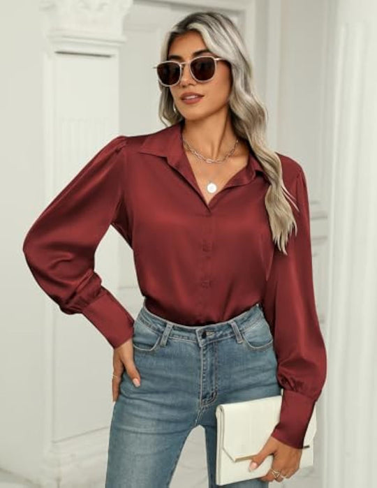 Damen Seidenoptik-Bluse mit Hemdkragen, verdeckter Knopfleiste und langen Manschetten EB