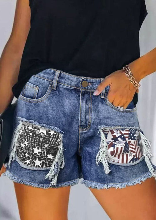 Damen Denim-Shorts mit trendigen Stickdetails und Fransensaum EB