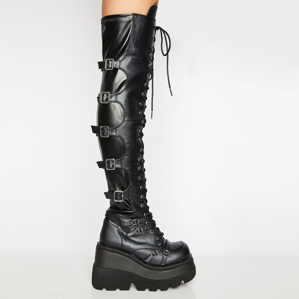 Damen Hochformatige Plateau-Stiefel mit modischem Reißverschluss und Schnür-Design EB