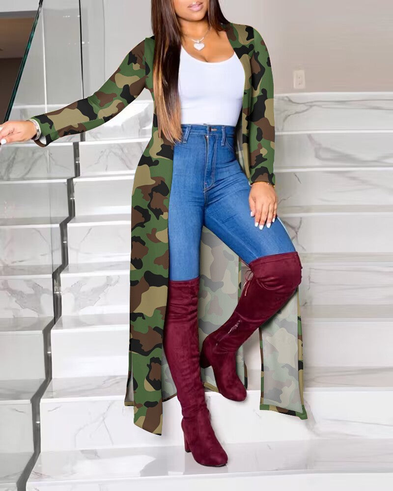Damen Lange Strickjacke mit modernem grafischem Muster EB