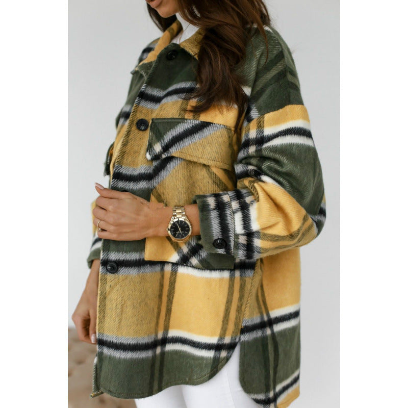 Damen Oversized Flanelljacke mit Karomuster und Taschen EB