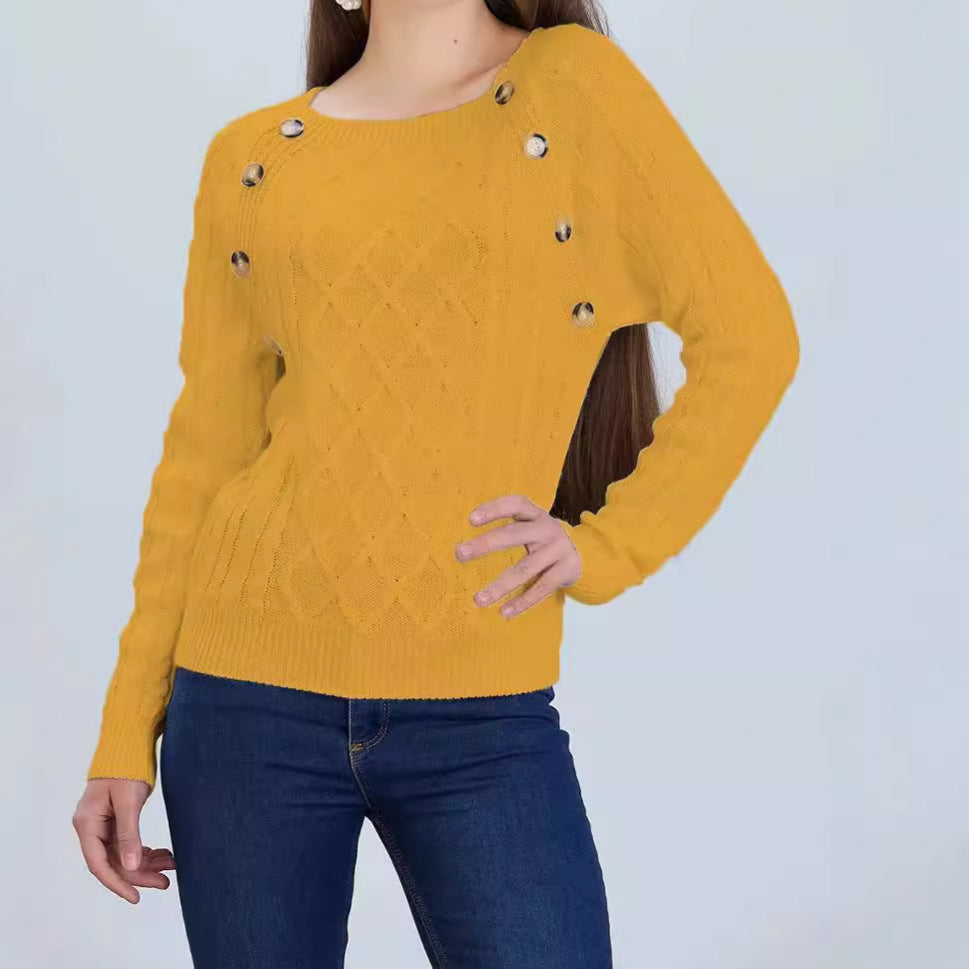 Damen Strickpullover mit klassischem Rautenmuster und dekorativen Knöpfen EB