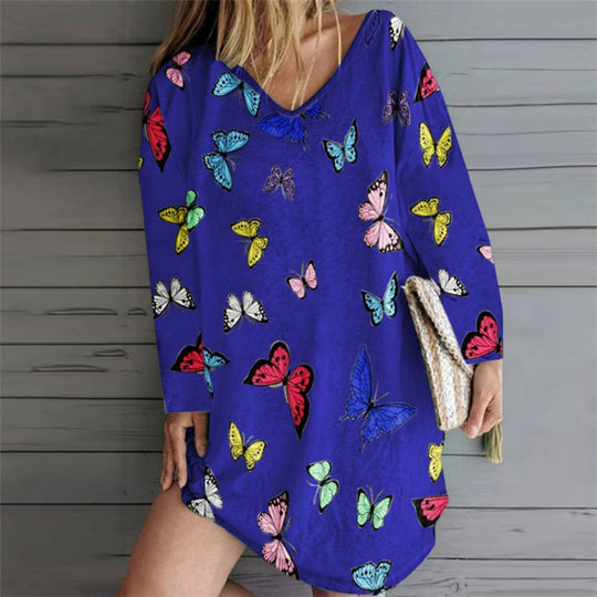Damen Oversize Tunika-Kleid mit V-Ausschnitt und Schmetterlingsprint EB