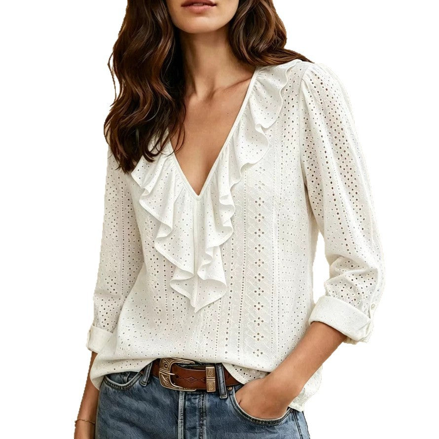 Damen nan luftige Ajourspitzenbluse mit V-Ausschnitt und Volant EB
