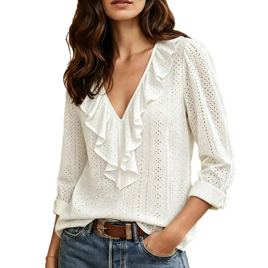 Damen nan luftige Ajourspitzenbluse mit V-Ausschnitt und Volant EB