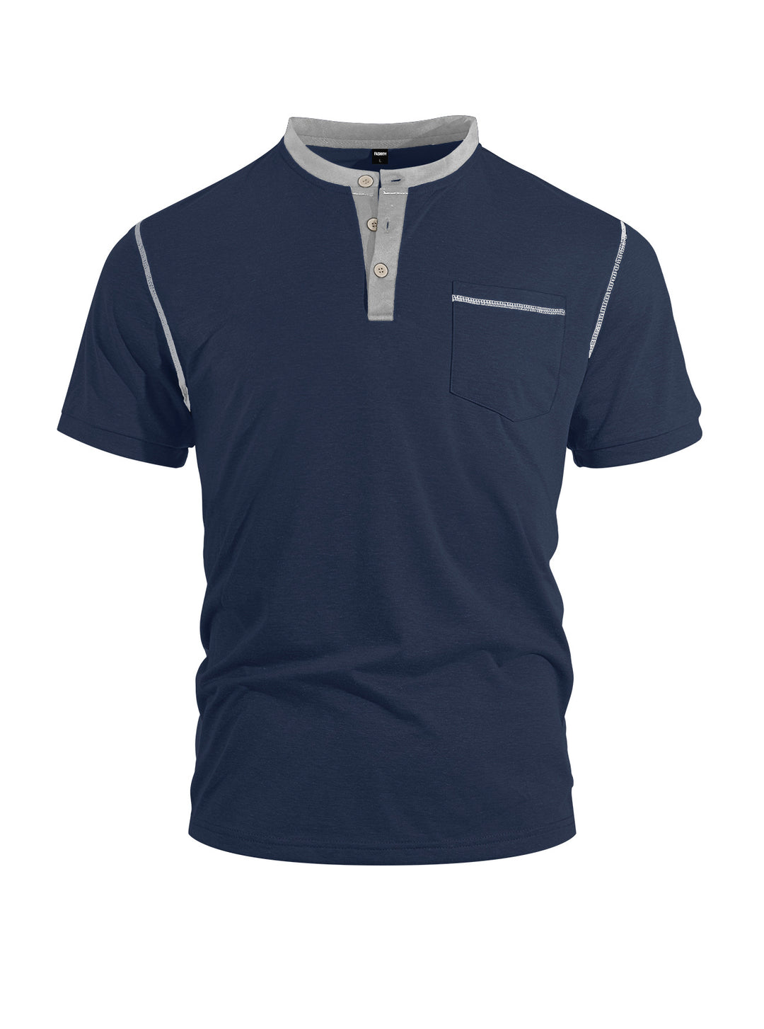 Herren nan legeres Kurzarm-Bandkragenshirt mit Knopfleiste Brusttasche und Flatlocknähten EB