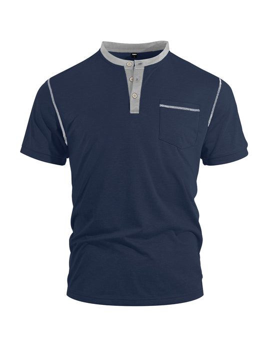 Herren nan legeres Kurzarm-Bandkragenshirt mit Knopfleiste Brusttasche und Flatlocknähten EB
