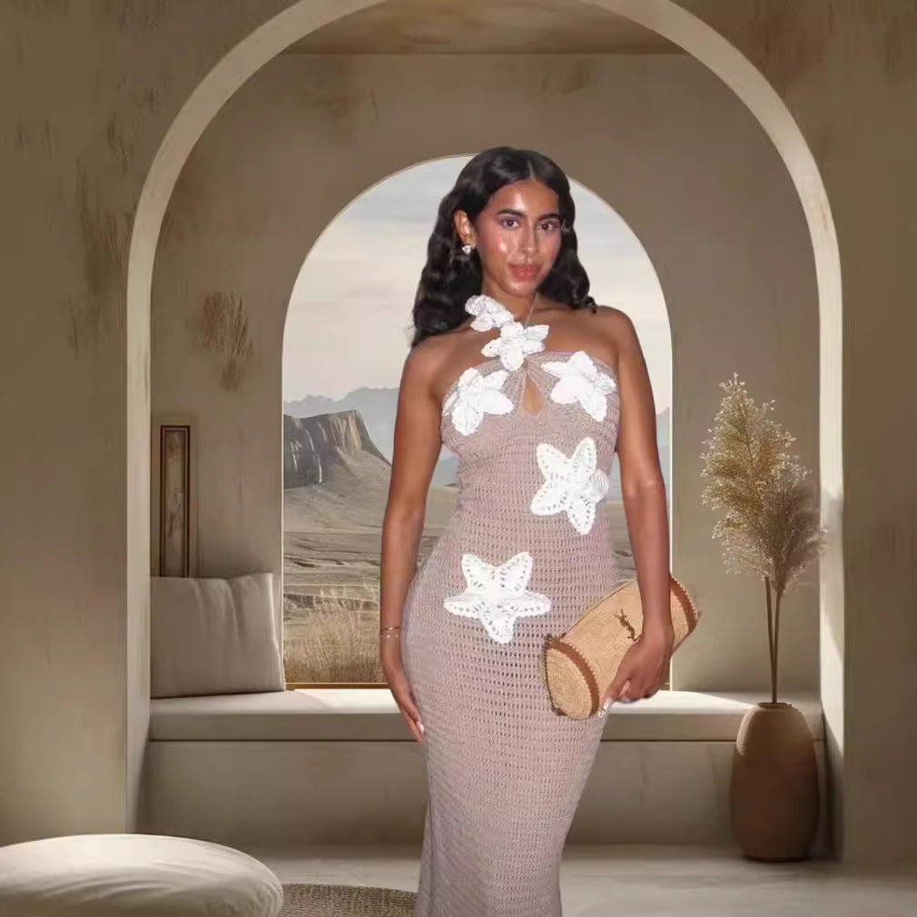 Damen Elegantes Maxikleid mit floralem Häkel-Design EB