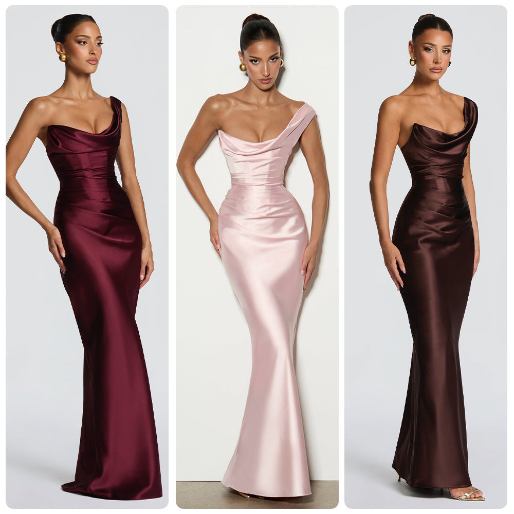 Damen Elegantes Abendkleid mit schulterfreiem Design und fließendem Satin EB