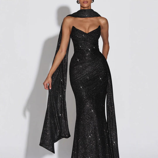 Damen Glamouröses Abendkleid mit tiefem V-Ausschnitt und schimmerndem Überwurf EB