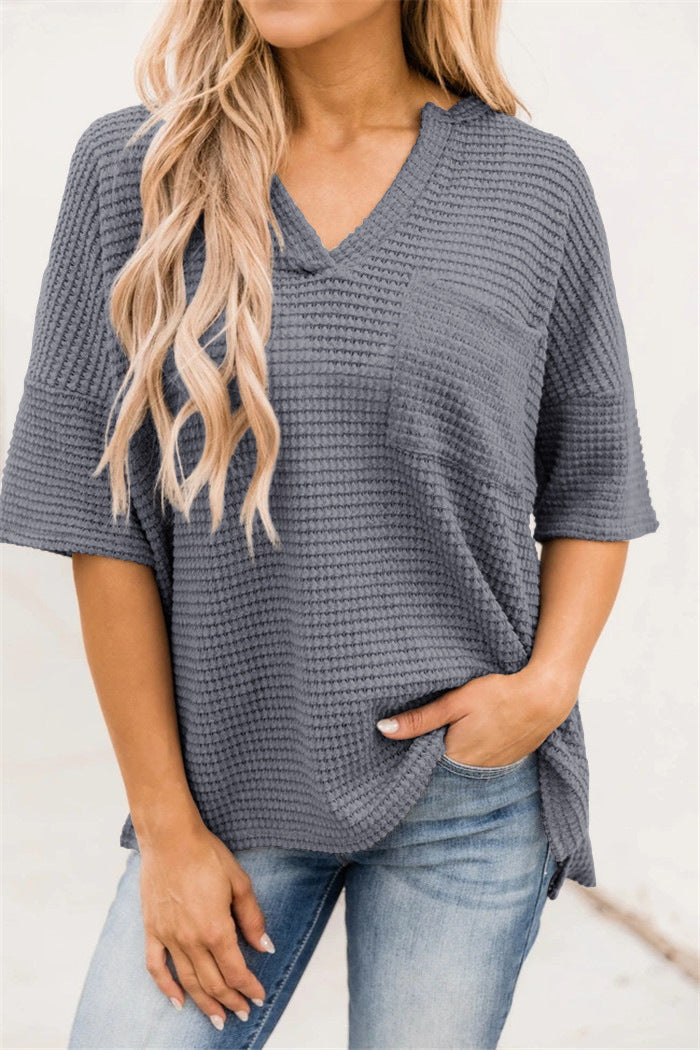 Damen casual V-Ausschnitt Oberteil mit strukturiertem Stoff und Seitennahttaschen EB