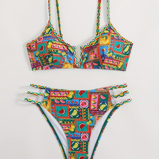 Damen Bikini-Set mit buntem Fruchtmuster und raffinierten Trägerdetails EB